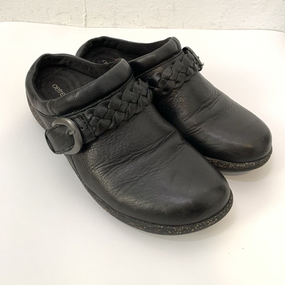 Aetrex Libby Clogs Women's 7 Black Leather Braided Buckle Slip On Comfort Shoes